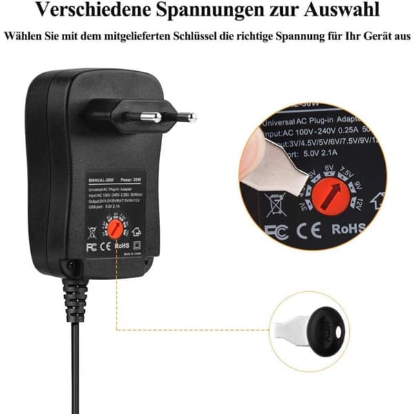 30W AC-adapter, 3V-12V justerbar spänning multifunktionell laddare