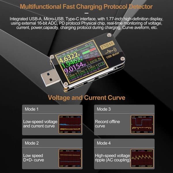 USB-tester, USB-voltmeter, PD Trigger-voltmeter, USB 3.0 DC 4-24V 6.5A spændings- og strømtester, USB C-multimeter