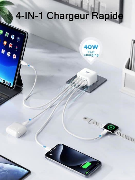 USB-C Oplader - HAUTSTORE - 40W - 4 Porte - Hurtig Opladning - Multi-Sektor