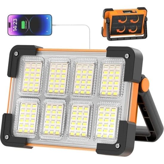LED Flomlys - PZCC - Oppladbar Arbeidslampe - 6000 lm - USB/Solar - 180° Håndtak