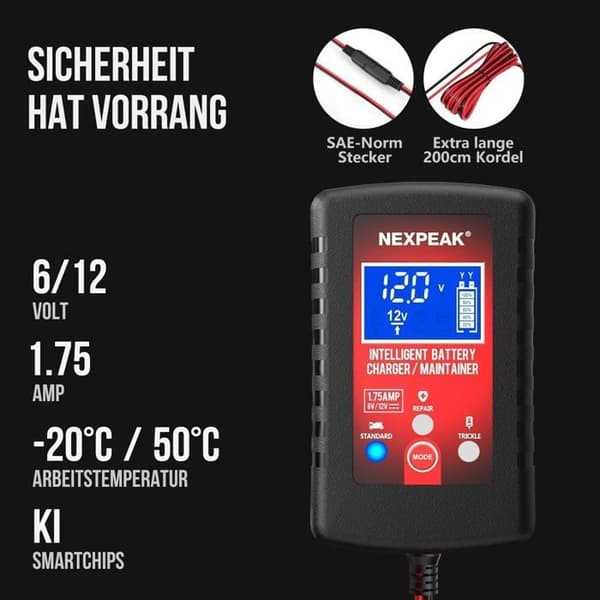 Batterioplader - NETBOAT - 6/12 V - 2 A - Batterivedligeholder - Universal