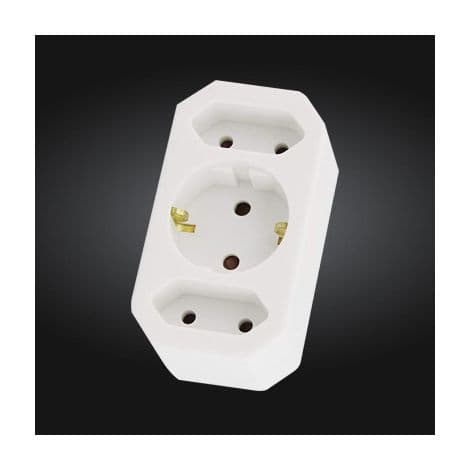 Pluggadapter - 1 jordet plugg + 2 Euro-plugger - Barnesikker - Hvit - 10 x 20 x 20 cm