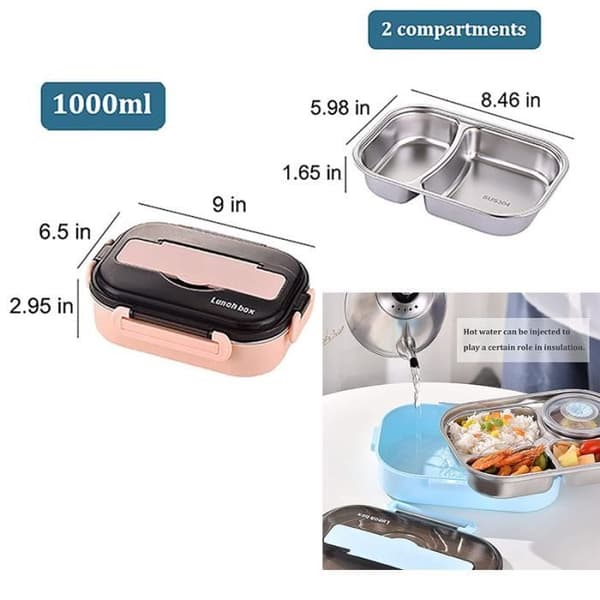 Bento matboks, matboks for barn/voksne med bestikk, matboks med 2 rom, blå