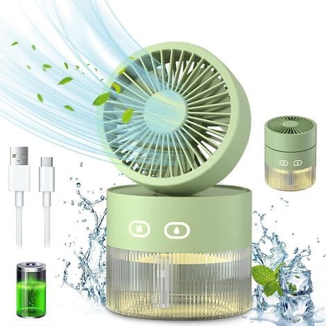 Mini køleventilator, lille 350 ml luftfugter med LED natlys, USB-opladende skrivebordsventilator til kontor og lille rum (grøn)