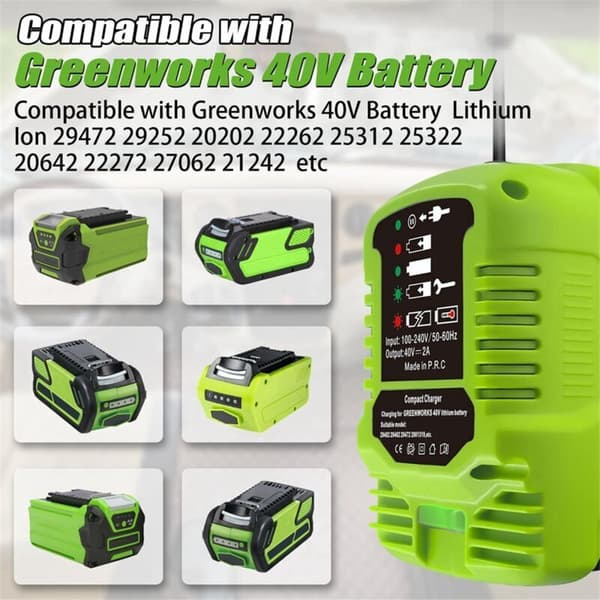 Minilader for Greenworks 40V MAX-batterier 29462, 29472 og andre amerikanske plugger