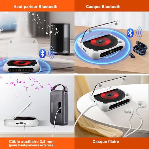 Bluetooth CD-afspiller - Mini bærbar CD-afspiller, slank og let - Alsidig - Kompatibel med CD'er og USB - 135 x 135 x 25 mm, sort