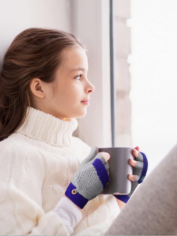 Par barn gutter fingerløse hansker konvertible flip top vintervarme strikkede halvfingerhansker for 5-12 år (blå, lysegrå)