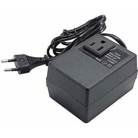 220V til 110V transformator, 200W, med europeisk plugg, for redusert spenning.