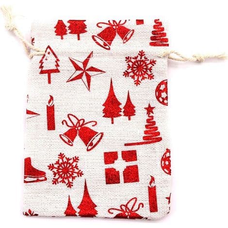 Linneväskor, set om 10, jutedragskoväskor, julelementstryck, julklappspåsar, hängande presentpåsar, snöflinga, röd, 10×14cm