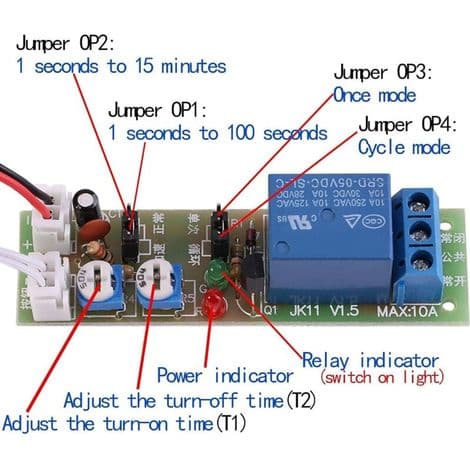 Justerbar uendelig cyklus timer-switch on/off relæmodul (DC12V, 0-15min)