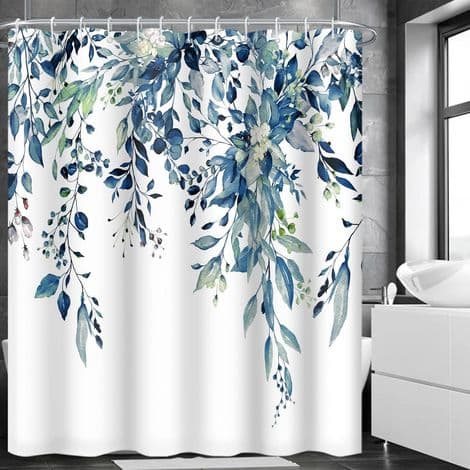 Blå blommig duschdraperi i polyester, mögel- och mögelsäkert, med 12 krokar, snabbtorkande, vattentätt
