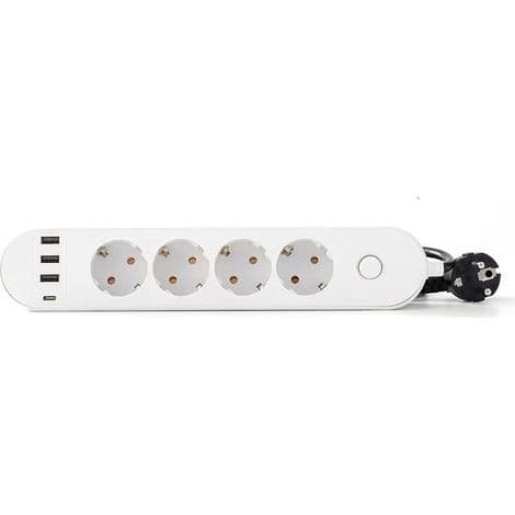 4-veis strømskinne 16A + 4 USB-porter (3 USB-A + 1 USB-C PD20W) med bryter, 2M kabel, hvit