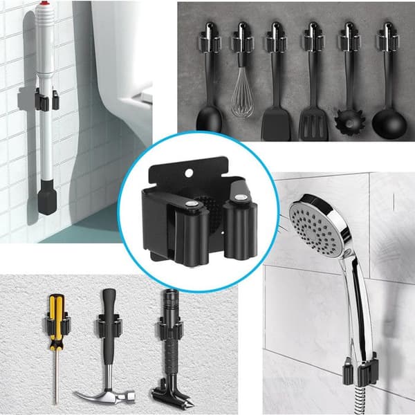 Vægmonteret kosteholder, moppeholder til badeværelse, køkken, kontor, have, garage - 6 stk. sort
