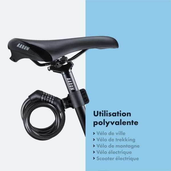 Spin Stöldskydd Cykellås med 5-siffrig kombination – 180 cm/12 mm – Högsäkerhetskombinationslås – Elcykel, Mountainbike, Cykel