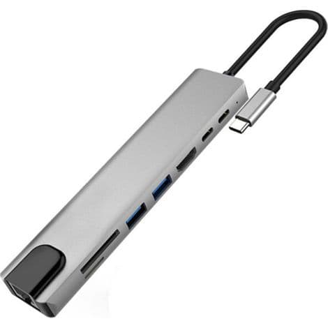 USB-C Hub-adapter, 8-i-1 Mac-tilbehør, USB-C-adapter med 4K HDMI, Ethernet, 2 USB 3.0-porter og SD/TF-kortleser
