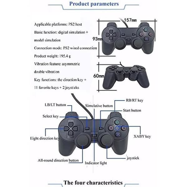 Spilcontroller - Shock Controller - PS2 - Med ledning - Vibration - Ergonomisk