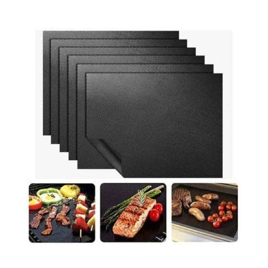 Sett med 6 non-stick bakematter for ovn og grill, 40 x 33 cm, svart.