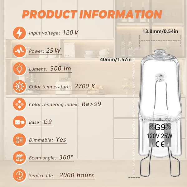G9 halogenpærer, 25W 120V, 12-pakning, 2700K