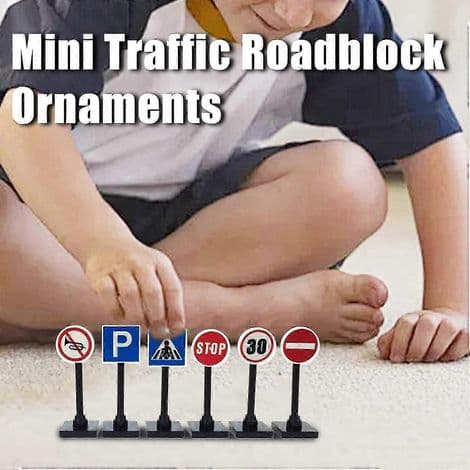 Sett med 6 miniatyrveiskilt til dukkehus.