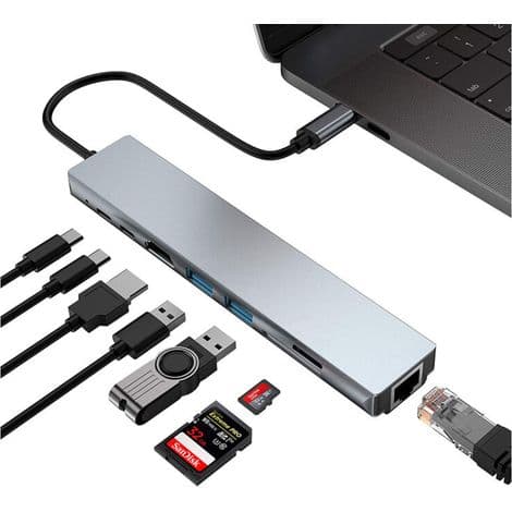 USB-C Hub-adapter, 8-i-1 Mac-tilbehør, USB-C-adapter med 4K HDMI, Ethernet, 2 USB 3.0-porter og SD/TF-kortleser