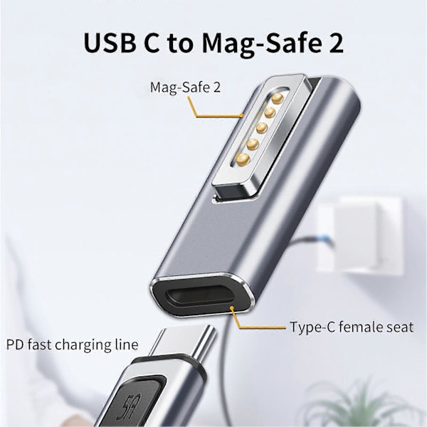 Adapterladdare Snabbladdning Magnetisk Aluminiumlegering PD USB C till Mag-Safe 2 Strömomvandlare för MacBook Air/Pro