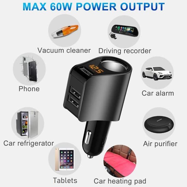 Biloplader, multi-USB cigarettænderadapter, stikfordeler med 3 USB-porte og voltmeter, kompatibel
