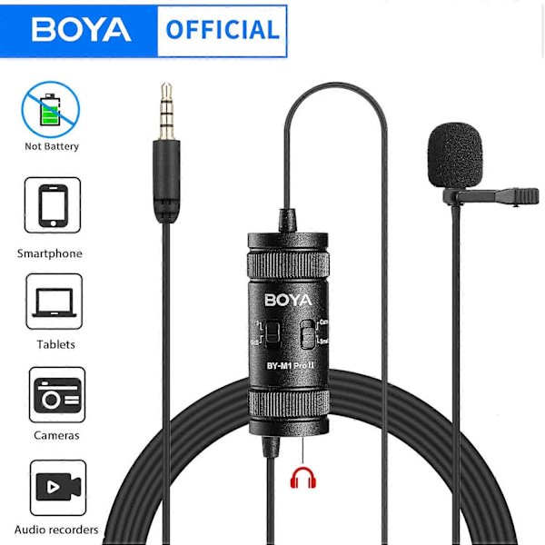 BOYA 3.5mm Lavalier Slagsmickrofon för Mobiltelefon PC Laptop Kamera Trådbunden Mikrofon för Tal Ljud Vlogging BY-M1 PRO II