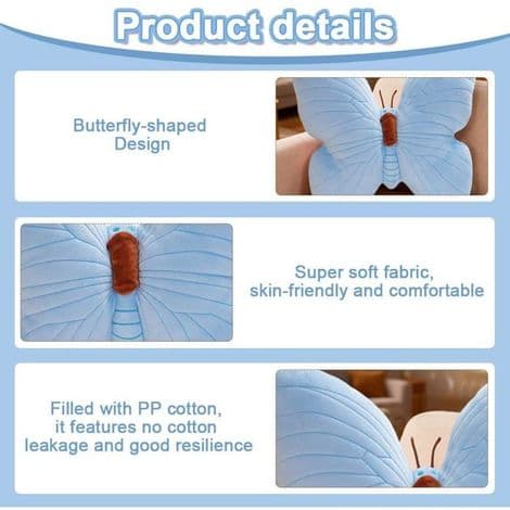 Plys sommerfuglepude - 40 cm - Æstetisk design - Blød - Til stue og sofa - Blå