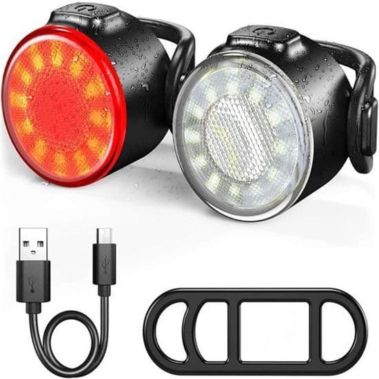 USB oppladbart sykkelyssett, foran og baklys, IPX5 vanntett, 6 lysstyrkemoduser, LED-lys