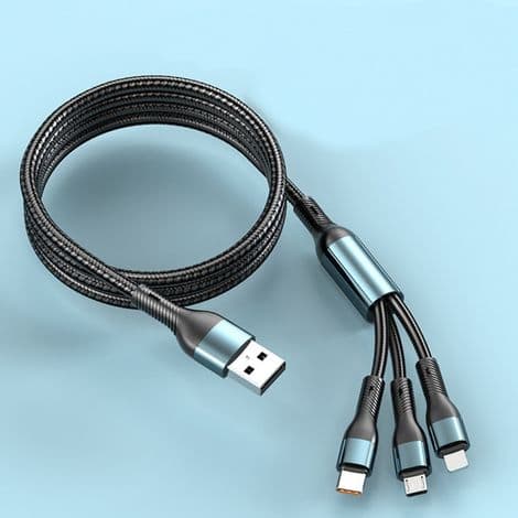 3-i-1 flettet nylon multi-ladekabel, USB hurtiglader for flere telefoner