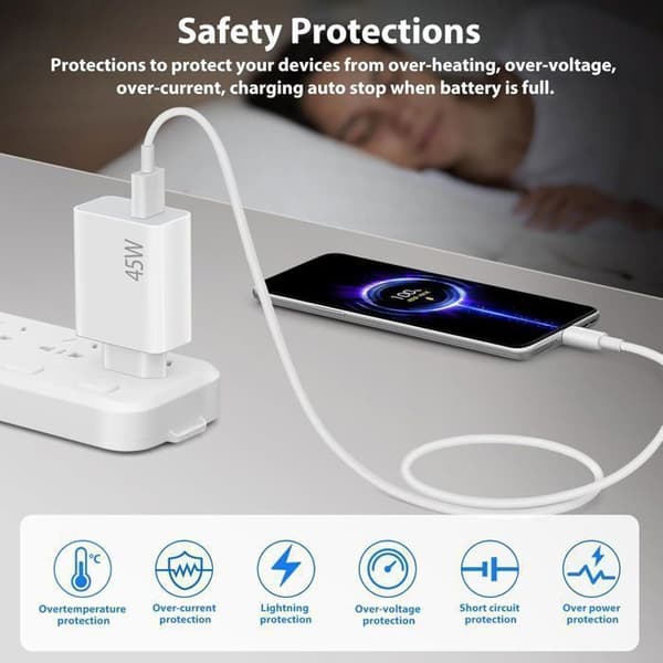 AC-adapter - INTET MERKE - 45W - 1m USB-C-kabel 6A - Hurtiglading og dataoverføring - Hvit