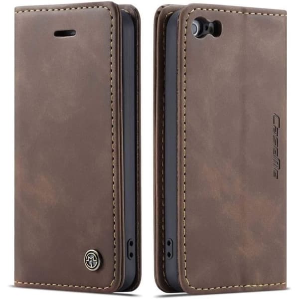 iPhone 5/5S/SE 2016 Cover, Stødsikkert Premium Læder Flip Wallet Cover, Kaffe