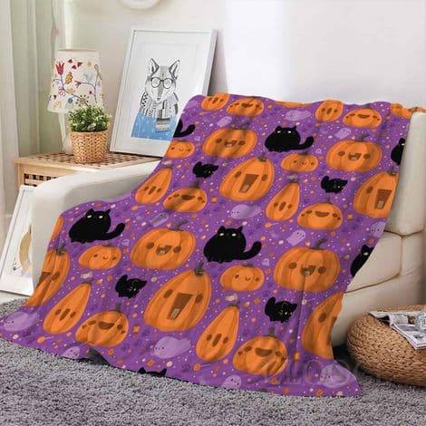 Halloween Tæppe - 3D Græskar og Spøgelsesmønster Flonel Tæppe - 127 x 152 cm - Ideel til Sofa, Seng eller Stue - Stil 9