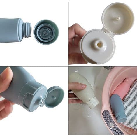 Set med 3 flexibla reseflaskor, 60 ml – Påfyllningsbara flaskor för duschgel, schampo och kosmetika – Med förvaringspåse – Blandade färger