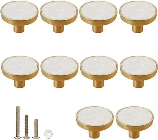 10-pakning 32 mm snøhvite knotter i messing til skap og skuffer