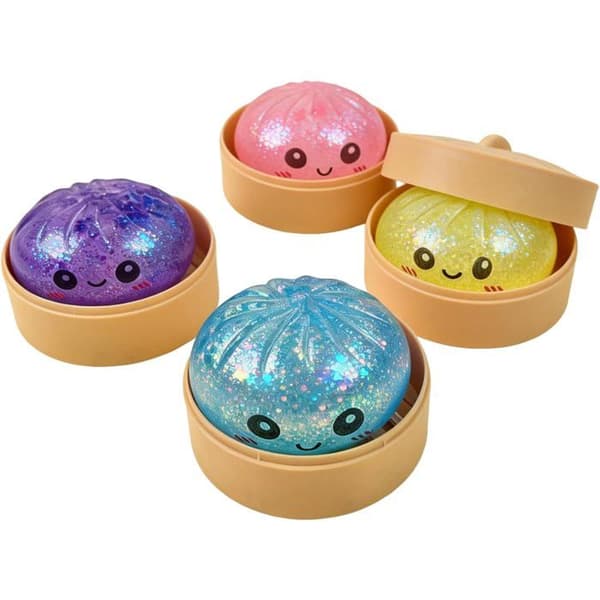 Dumplings Squishy, Glitter Dumpling Squishy Legetøj med Damperkasse, Søde Glitter Regnbue Dumplings Squishiest med Ansigt
