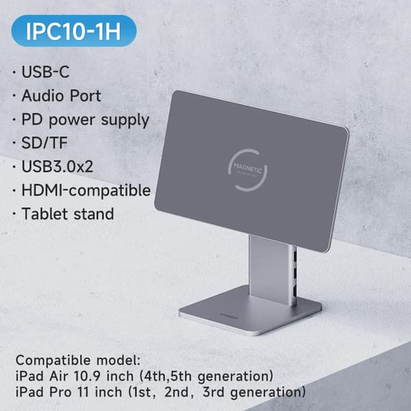 Hagibis Justerbart Magnetiskt Fäste för iPad Pro 12.9 3:e/4:e/5:e/6:e 11 Air 10:e Surfplattefäste 10.9 Vridbart Fäste USB C Hub~05311