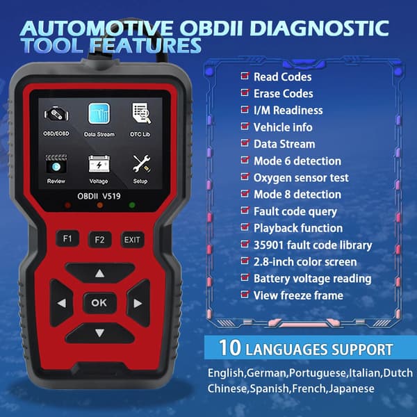 V519 Obd2 Bilfejlsdetektor Scanner Fejldiagnosticeringstester Motor System Diagnostisk Værktøj Kode Læser