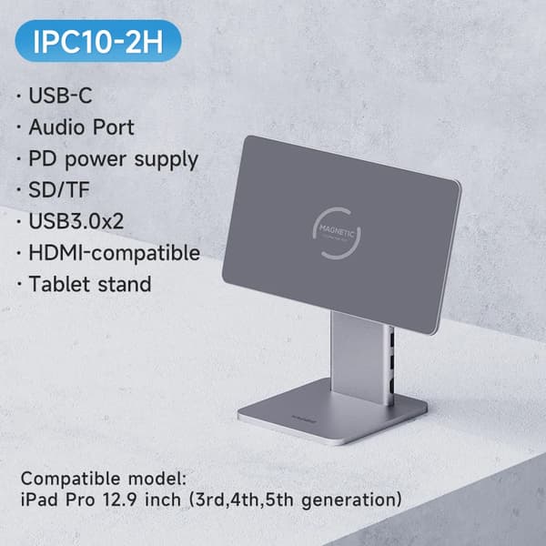 Hagibis Justerbart Magnetiskt Fäste för iPad Pro 12.9 3:e/4:e/5:e/6:e 11 Air 10:e Surfplattefäste 10.9 Vridbart Fäste USB C Hub~05312