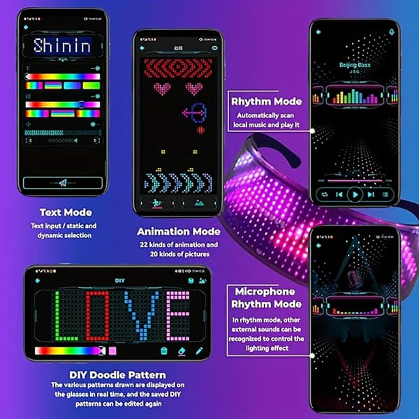 LED-briller i fuld farve, app-styret programmerbar belysning Black