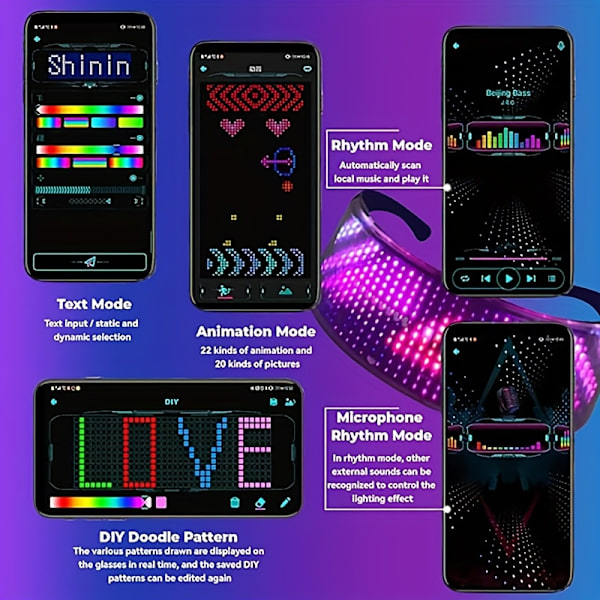 LED-briller i fullfarge, app-styrt programmerbar belysning Black