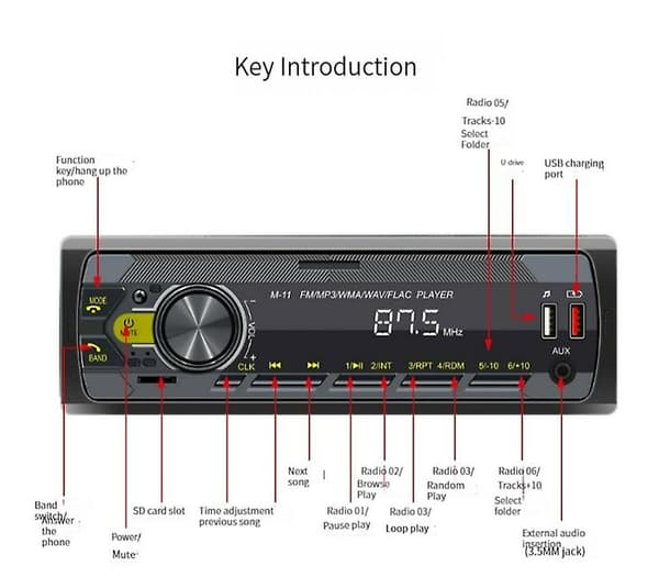 12V Bil MP3-spiller Bluetooth Håndfri FM Bilradio Fargerik Belysning Lyd