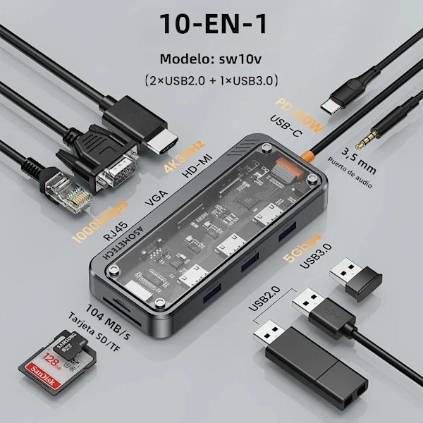 5/6/7/8/11 i 1 USB C-hubb med 4K HDMI-adapter och SD/TF-kortläsare RJ45 PD Snabbladdning för MacBook Laptop Dator 10 IN 1