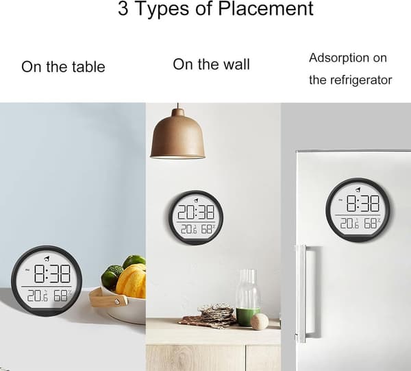 Digital klocka - med temperatur- och luftfuktighetsdisplay - magnetisk/väggmontering - svart