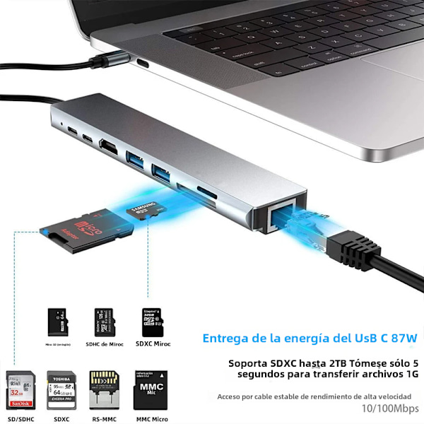 5/6/7/8/11-in-1 USB C -keskitin 4K HDMI -sovittimella ja SD/TF-kortinlukijalla RJ45 PD -pikalatauksella MacBook-kannettavalle tietokoneelle 8 IN 1
