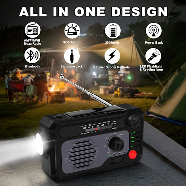 Multifunksjonell Solar Radio & Powerbank – USB-oppladbar med lommelykt, leselys og 3 lademetoder for utendørs bruk