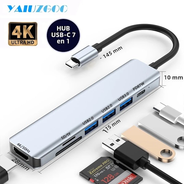 5/6/7/8/11 i 1 USB C-hubb med 4K HDMI-adapter och SD/TF-kortläsare RJ45 PD Snabbladdning för MacBook Laptop Dator 7 IN 1