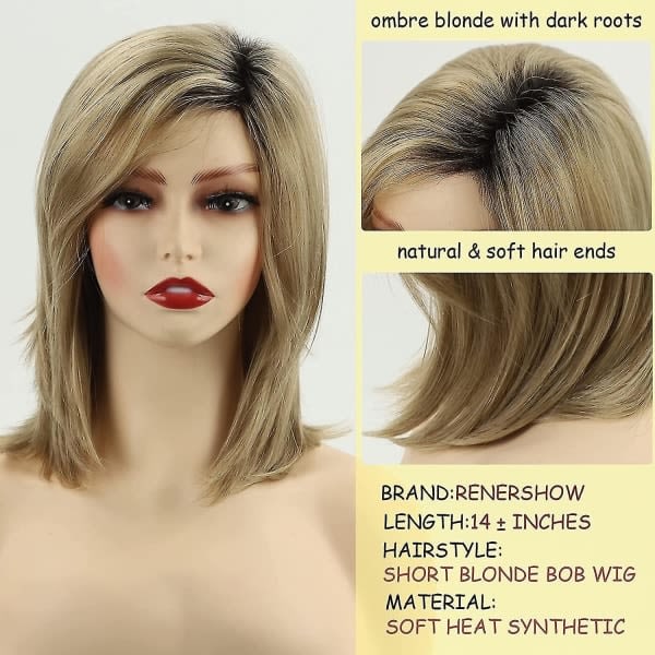 Ombre blond bob parykk for hvite kvinner, medium blondt rett hår, mørk rot parykk, syntetiske dameparykker