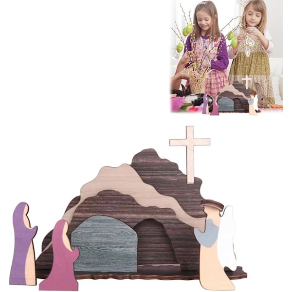 Påskkrubba i trä - 1/2 Påskpysselfigurer, Påskuppståndelseset, Påskpysselscen i trä, Lyckobringare, Påskdekorationsfigur