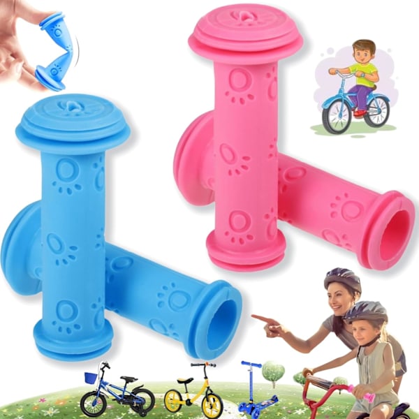 2 par halkfria gummigrepp för barn, barncykelstyren, 22 mm barncykelstyren, söta barnrattskydd (rosa blå)